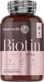 MaxMedix Biotin Tabletten - 12.000mcg Vitamin B7 für 1 Jahr Vorrat - 365 Tabletten für Haare, Haut und Nägel - Geprüfte Inhaltsstoffe & Vitamin Biotin Vegan - Haar Vitamine und Bartwuchs - Von MaxMedix