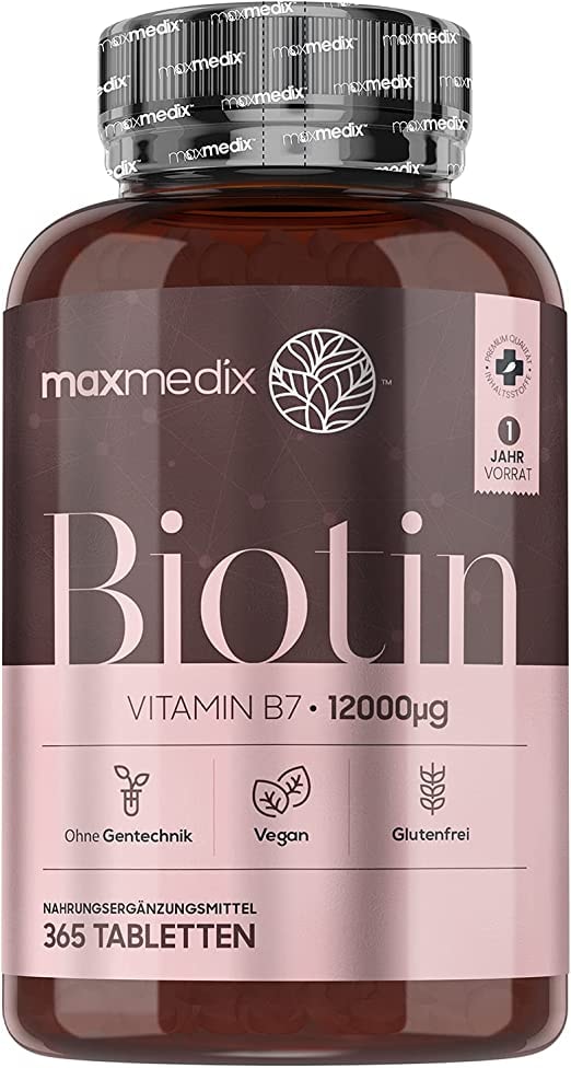 Produktbild von MaxMedix Biotin Tabletten - 12.000mcg Vitamin B7 für 1 Jahr Vorrat - 365 Tabletten für Haare, Haut und Nägel - Geprüfte Inhaltsstoffe & Vitamin Biotin Vegan - Haar Vitamine und Bartwuchs - Von MaxMedix