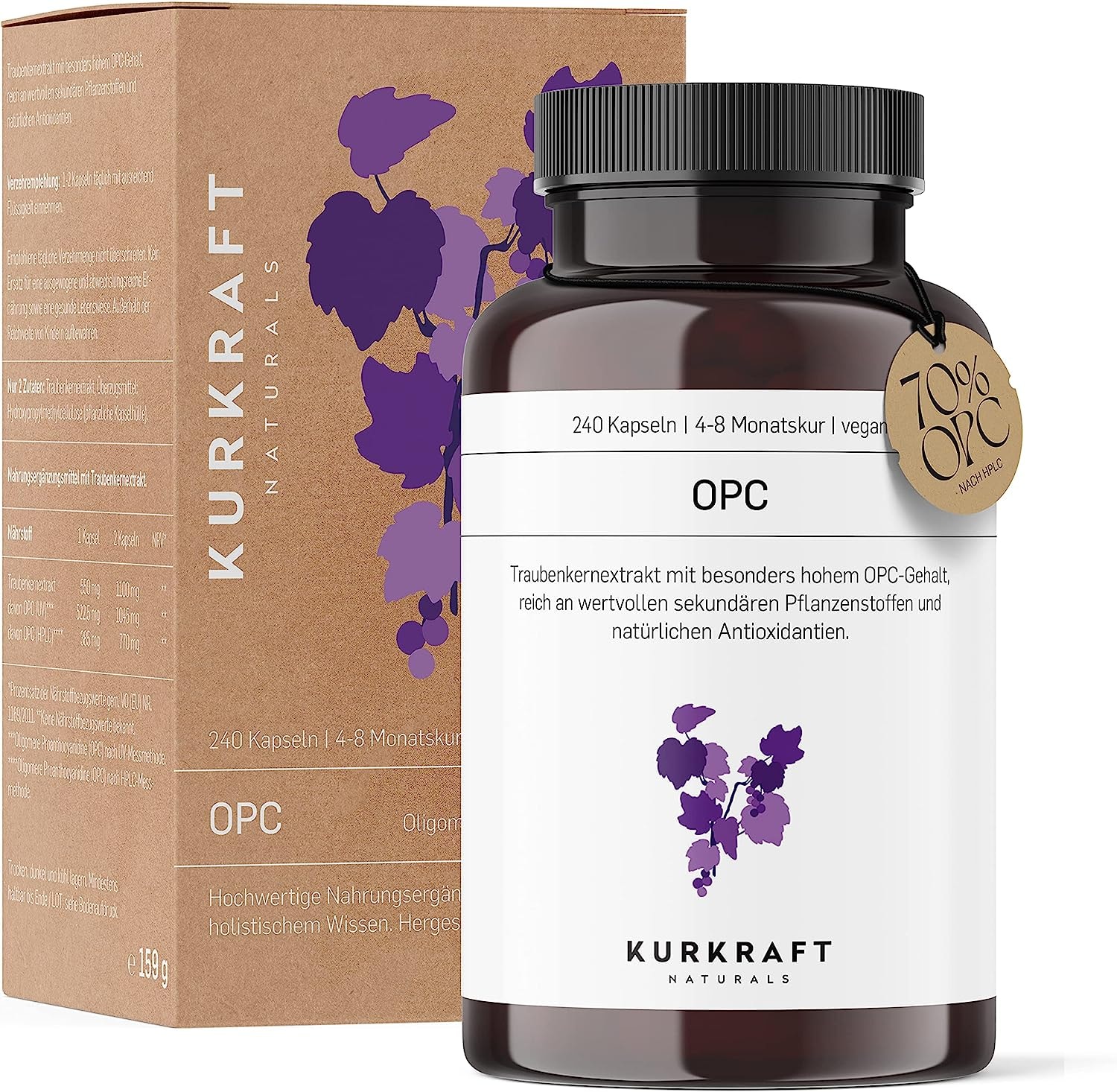 Produktbild von Bewertung KURKRAFT Premium OPC Kapseln 240 Stück 1100mg Traubenkernextrakt mit 770mg OPC je Tagesdosis (HPLC) französische Weintrauben vegan ohne Zusatzstoffe deutsche Produktion