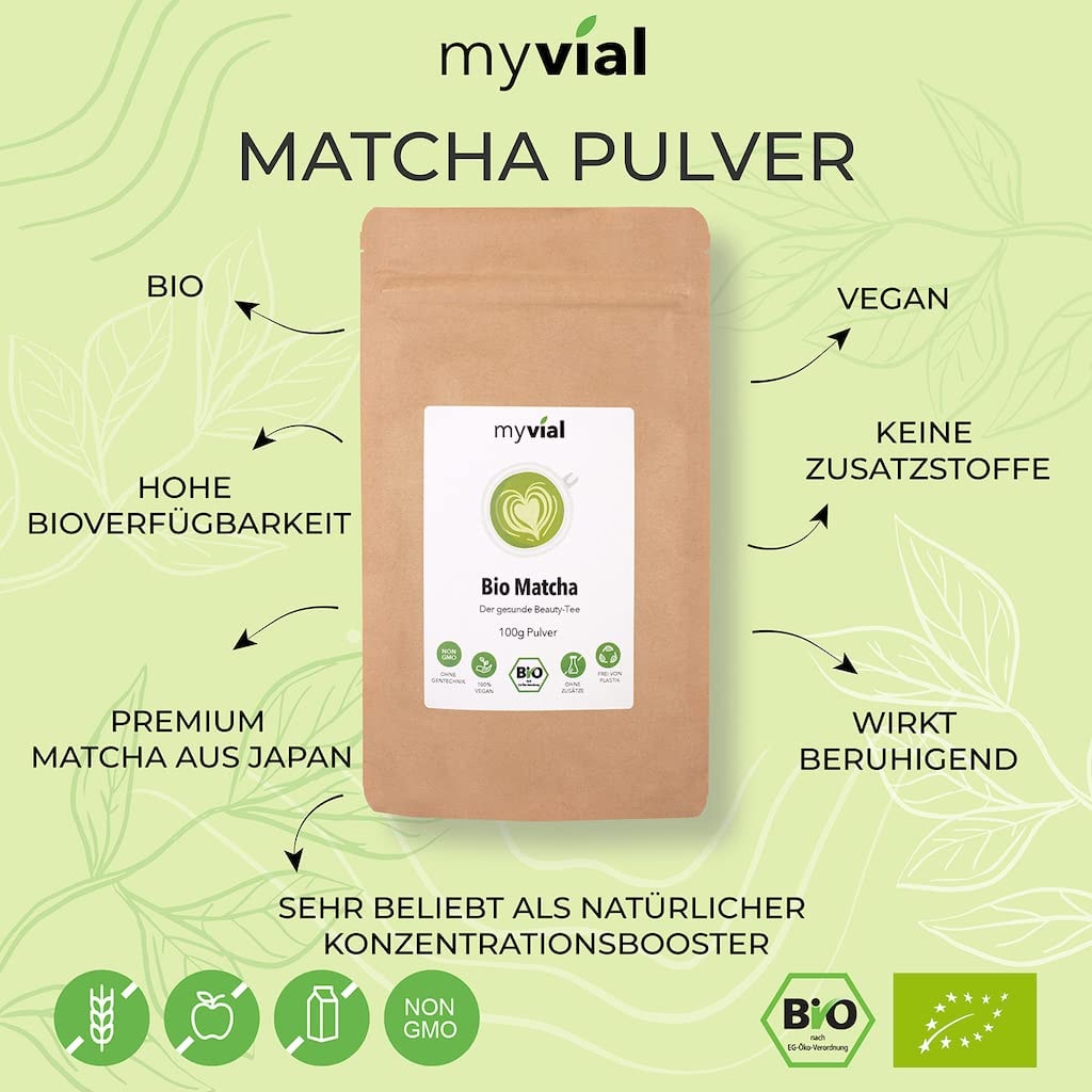 Produktbild von myvial Bio Matcha Grün Tee Pulver 100g Grüner Tee in bester Qualität aus Japan (Kagoshima) Perfekt für Smoothie Matcha Latte Japanischer Grüntee vegan ohne Zusätze plastikfrei verpackt