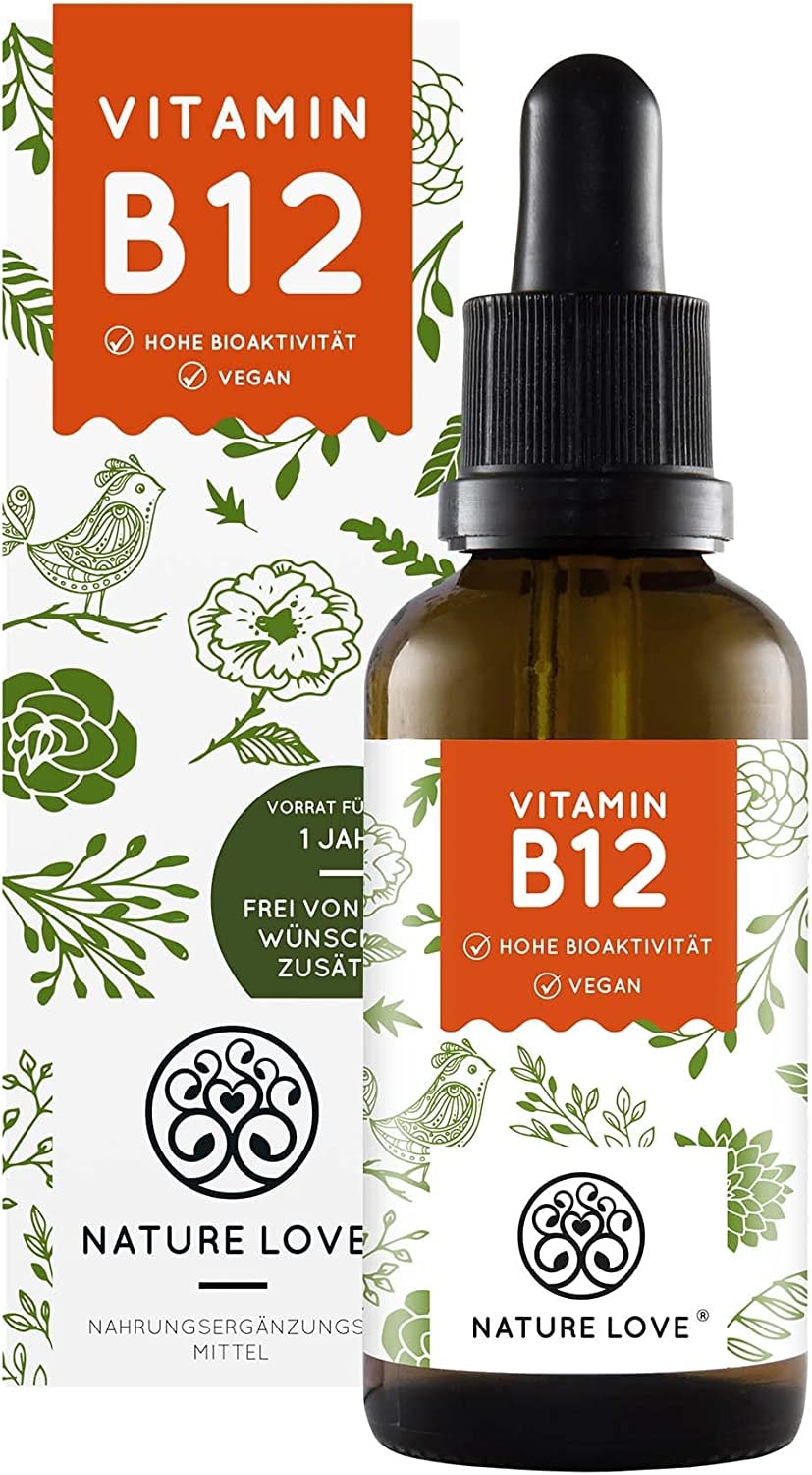 Produktbild von NATURE LOVE Vitamin B12 Tropfen Vegan (900 Tropfen, 50ml flüssig). B12 duo-aktiv: Methyl- & Adenosylcobalamin. Hoch bioverfügbar, laborgeprüft, ohne Zusätze, in Deutschland produziert