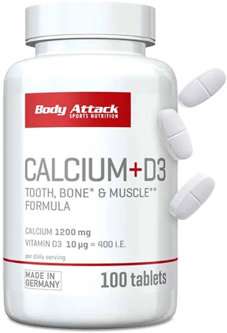 Produktbild von Body Attack Calcium D3, hochdosierter Kalzium Vitamin D3 Komplex Vitamin B1, B2, 1200mg Calciumcarbonat & 400 I.E. Vitamin D3, nur 2 Tabletten pro Tag- Made in Germany- 100 Tabletten