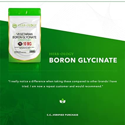 Herb-Ology Bor 10mg | 360 Vegane, Chelierte Boron Kapseln | Hochdosiertes Borglycinat | Hergestellt in einem ISO-zertifizierten Betrieb in Großbritannien