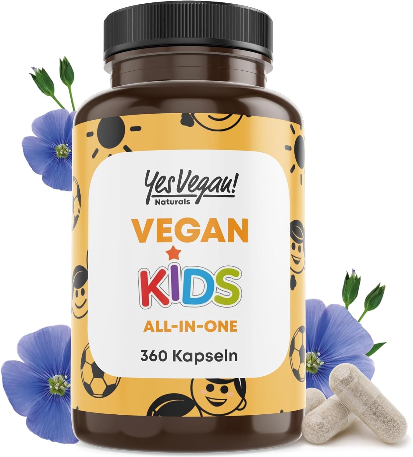 Produktbild von Bewertung Yes Vegan Kinder Vitamine All-in-One 360 Kapseln Jahresvorrat Vitamin B12+D3+K2+B2+B6+B9 Folsäure + Zink + Eisen + Selen + Natrium + Kalium + Jod - Vitamine Kinder - Multivitamin Kinder