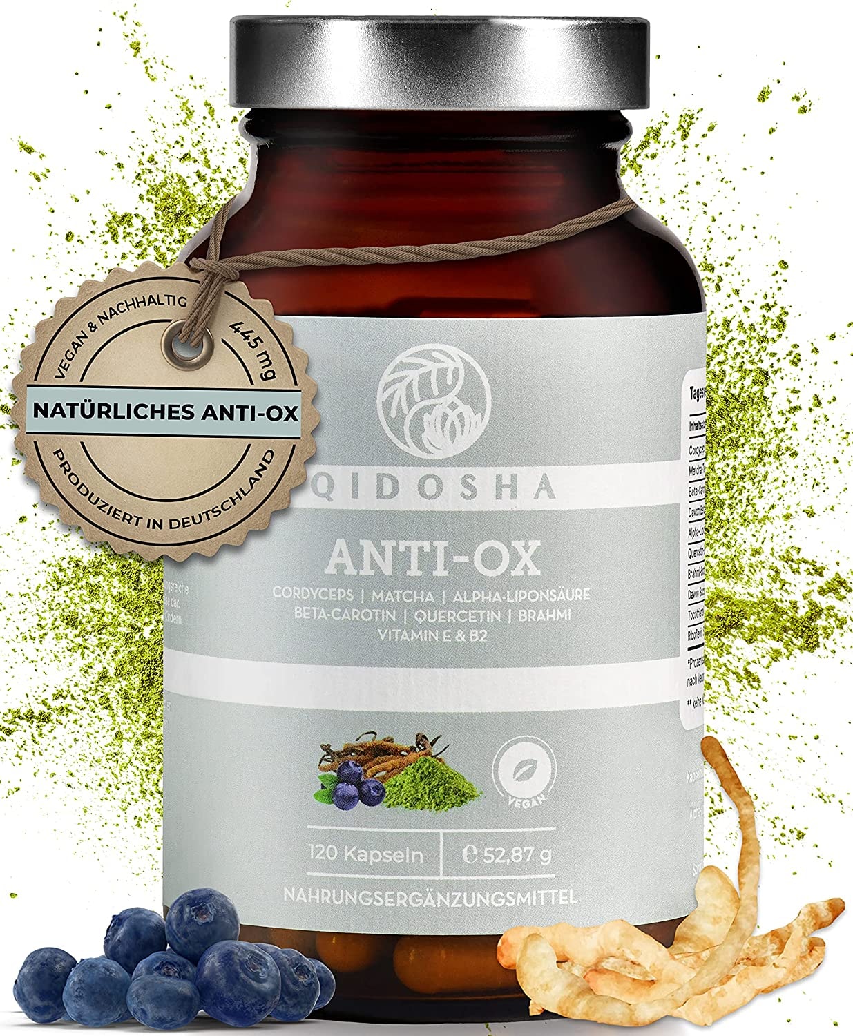Produktbild von Bewertung QIDOSHA Antioxidantien Komplex 120 Kapseln und Haut Komplex Antioxidantien hochdosiert Zellschutz vor freien Radikalen, 100% natürlich, u.a. mit Alpha-Liponsäure, Cordyceps, Quercetin, Brahmi