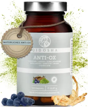 Produktbild von Bewertung QIDOSHA Antioxidantien Komplex 120 Kapseln und Haut Komplex Antioxidantien hochdosiert Zellschutz vor freien Radikalen, 100% natürlich, u.a. mit Alpha-Liponsäure, Cordyceps, Quercetin, Brahmi