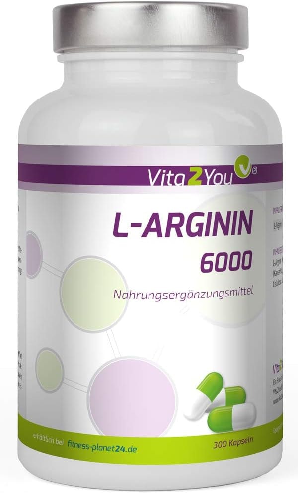 Produktbild von Bewertung Vita2You L-Arginin 6000 300 Kapseln 1000mg Arginin pro Kapsel entspricht 1200mg Hydrochlorid Hochdosiert Premium Qualität