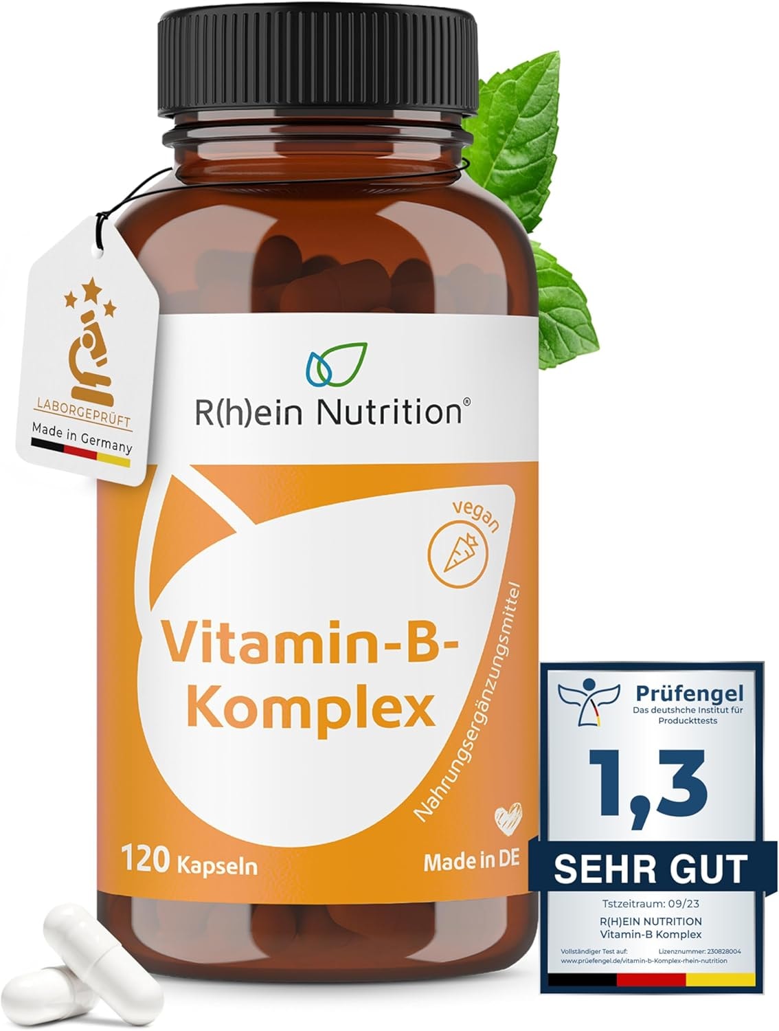 Produktbild von Bewertung R(h)ein Nutrition Vitamin B Komplex Kapseln hochdosiert Vitamin B12 hochdosiert B2 B6 B12 - 120 Kapseln 4 Monate Vorrat Vegan ohne Zusätze in Deutschland hergestellt Rhein