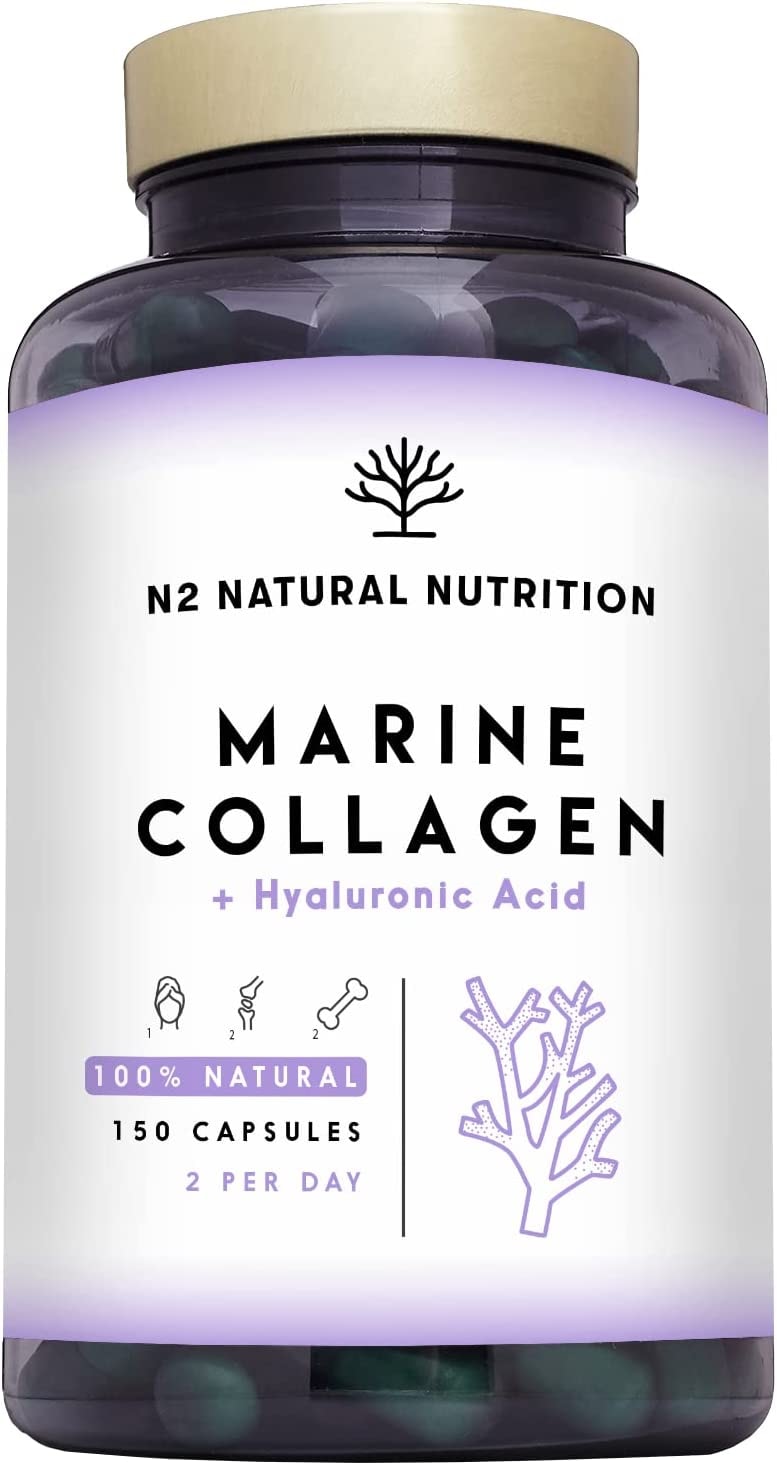 Produktbild von Bewertung N2 NATURAL NUTRITION Kollagen Hyaluronsäure Kapseln hochdosiert mit Vitamin C Magnesium | 150 Kapseln Glutenfrei für 75 Tage | Marine Kollagen PEPTAN Typ 1 für Haut, Haare und Gelenke | EU | CE | N2 Natural Nutrition