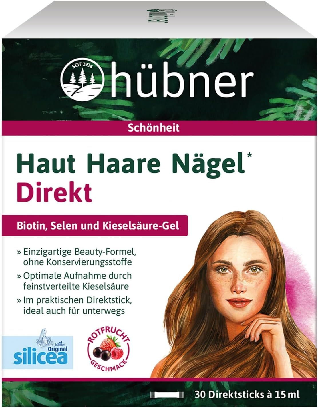 Produktbild von Bewertung hübner Original silicea DIRECT Sticks Kieselsäure Siliciumgel mit Biotin Nahrungsergänzungsmittel für Haut, Haare, Nägel Rotfruchtgeschmack
