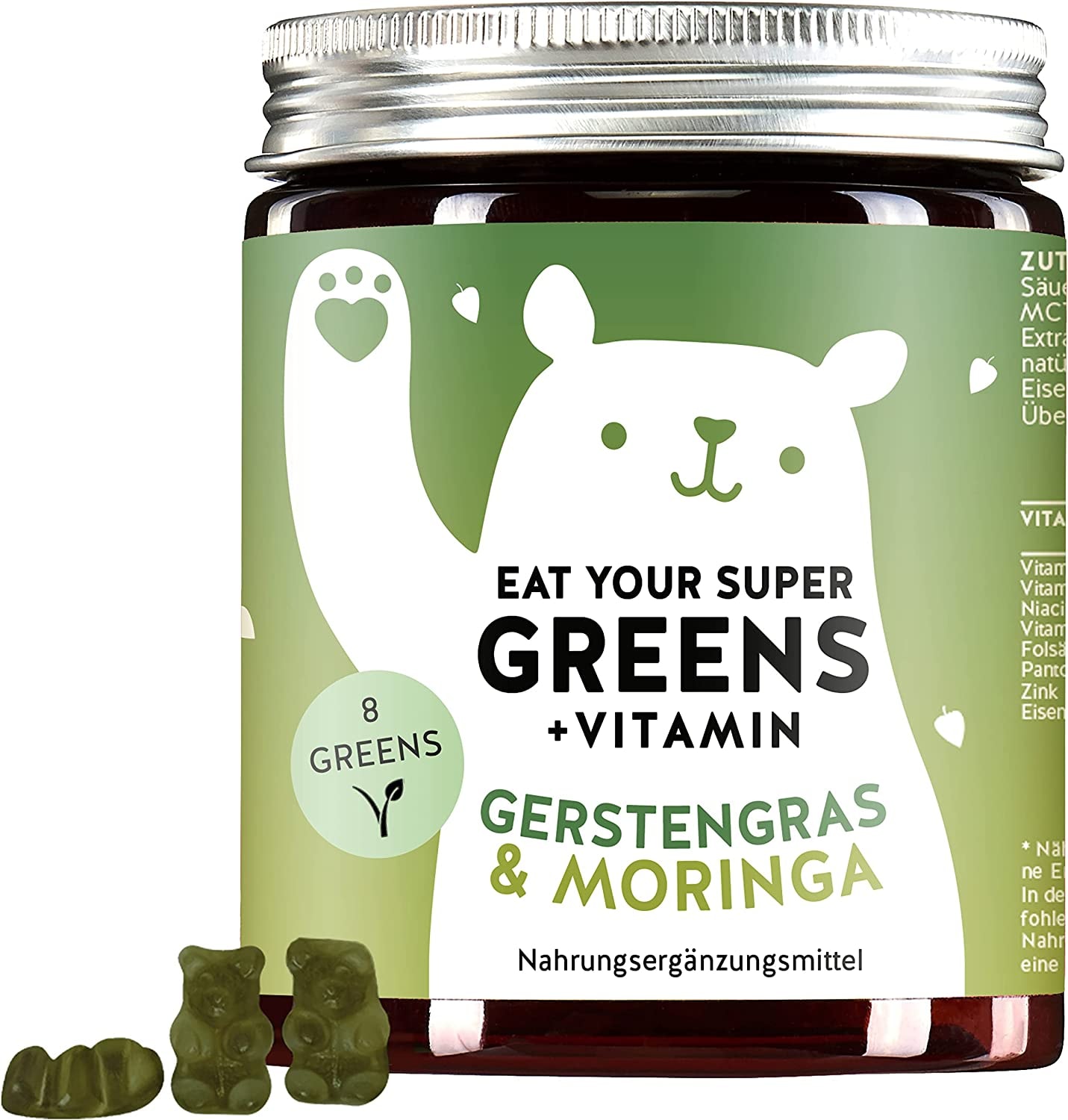 Produktbild von Bears with Benefits - Hochdosierter Vitamin- und Mineralkomplex - 8 Superfoods - Moringa, Gerstengras, Chlorella, Zink, Eisen - Gummibärchen (60 St) - Bears with Benefits Eat Your Super Greens
