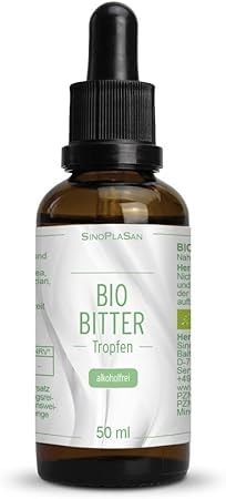 Produktbild von Bewertung Sinoplasan Bio Bittertropfen 50 ml Extrakt aus Bio Kräutern & Bio-Pflanzen 5:1 alkoholfrei hochdosiert vegan nur 15 Tropfen pro Tag