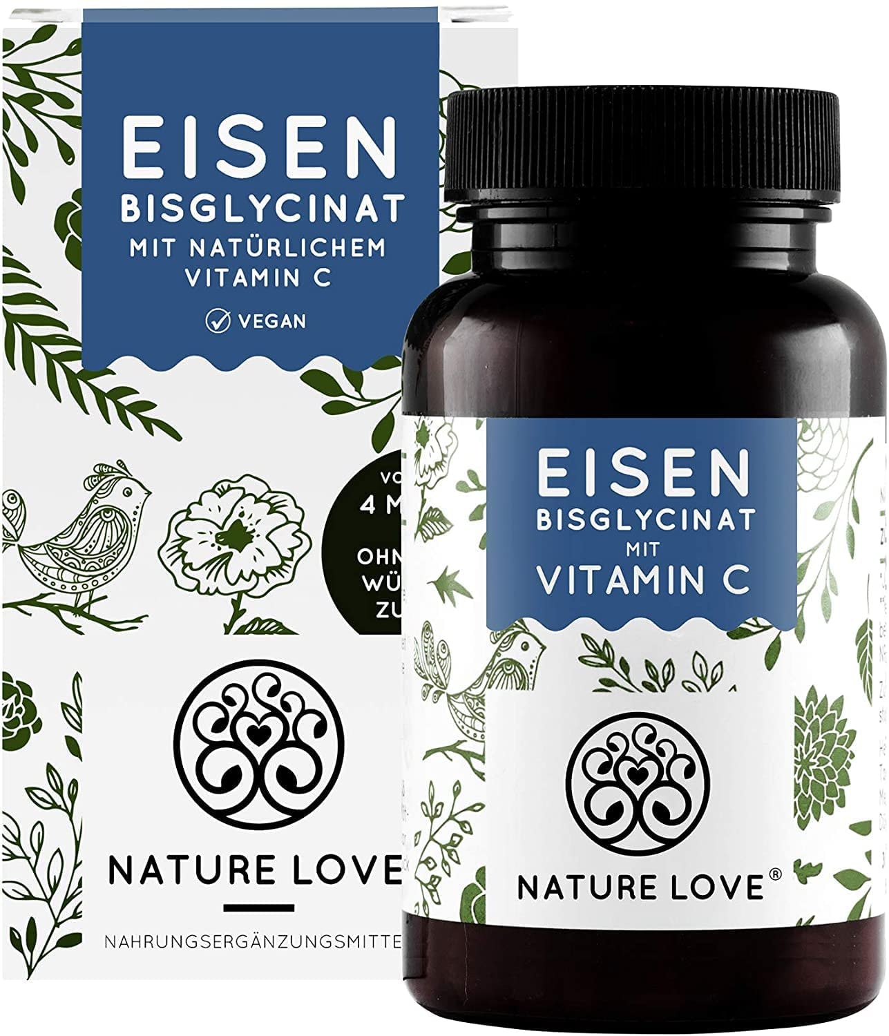 Produktbild von NATURE LOVE Eisen mit 40mg natürlichem Vitamin C Doppelt-dosiert mit 40mg Eisen/Tablette Hoch bioverfügbares Eisen-Bisglycinat - Laborgeprüft, vegan, in Deutschland produziert