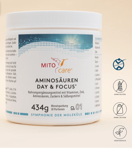Produktbild von Bewertung MITOcare Aminosäuren Day & Focus Pulver Vitamine Zink Aminosäuren Zucker Süßungsmittel Taurin Kreatin Vitamin B6 Vitamin C Zink Eiweißstoffwechsel DNA-Synthese  Immunsystem oxidativer Stress Art.-Nr. 1001064