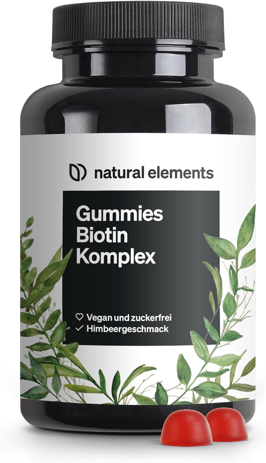 Produktbild von Bewertung natural elements Biotin Haar Gummies 120 vegane zuckerfreie Gummibärchen mit 5000 μg Biotin pro Tagesdosis mit Himbeergeschmack in Deutschland produziert & laborgeprüft