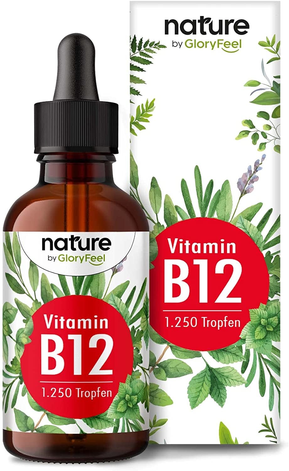 Produktbild von GloryFeel Vitamin B12 Tropfen 50ml 1250 Tropfen hochdosiert - Beide Aktivformen Methyl- & Adenosylcobalamin - Alkoholfrei & vegan - Hoch bioverfügbar Laborgeprüft ohne Zusätze in Deutschland hergestellt