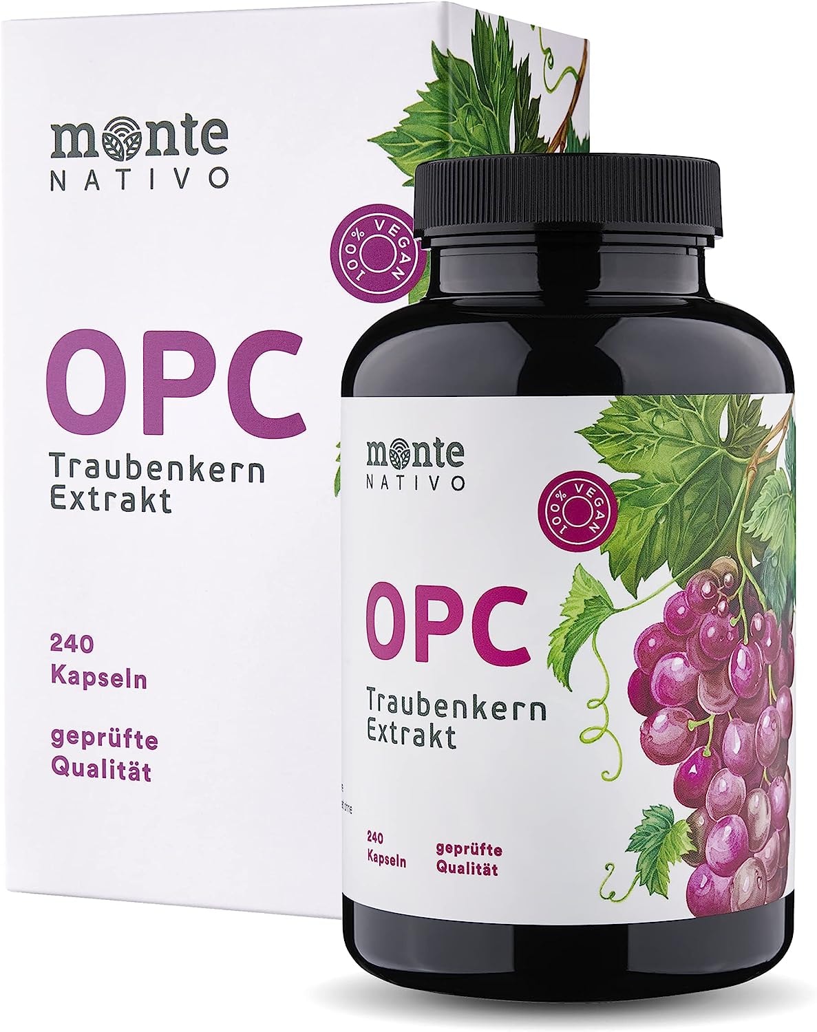 Produktbild von Bewertung Monte Nativo OPC Traubenkernextrakt Monte Nativo 240 Kapseln 800mg Extrakt mit 528mg OPC pro Tag vegan OPC Kapseln aus französischen und italienischen Weintrauben OPC Kapseln hochdosiert Herg. in DE