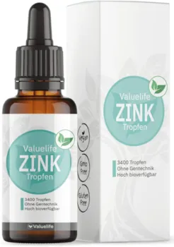 Produktbild von Valuelife Zink Tropfen I 3400 Tropfen aus 100ml I Ohne Konservierungsstoffe & ohne Gentechnik I Vegan, hochdosiert, bioverfügbar mit ionisiertem Zinksulfat I von VALUELIFE Besuchen Sie den Valuelife-Store