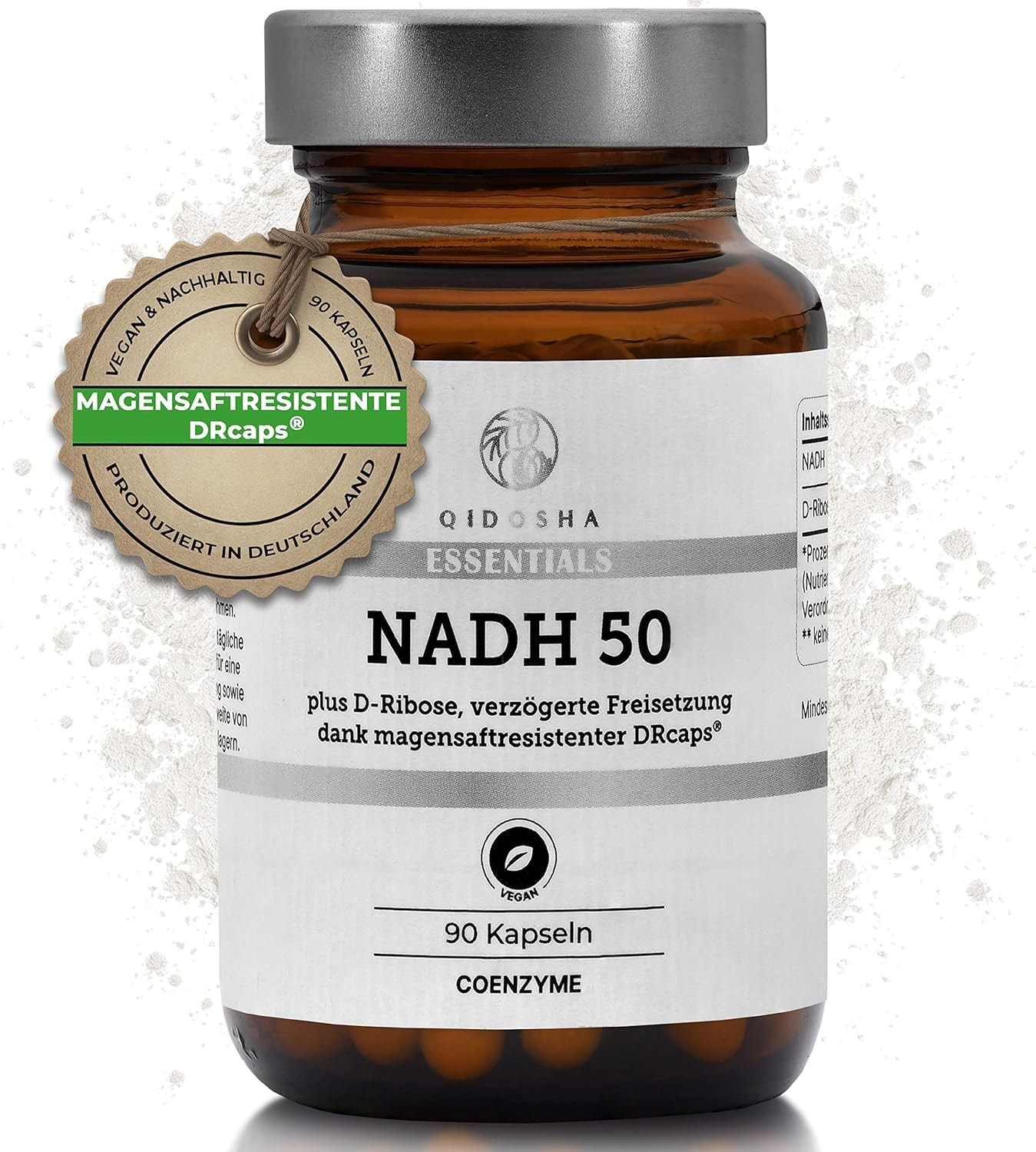 Produktbild von Bewertung QIDOSHA NADH hochdosiert, 50mg NADH plus 500mg D-Ribose je Kapsel, 90 Stk im Apothekerglas, in magensaftresistenten DRcaps® mit verzögerter Freisetzung, NADH Kapseln hochdosiert, NADH 50mg