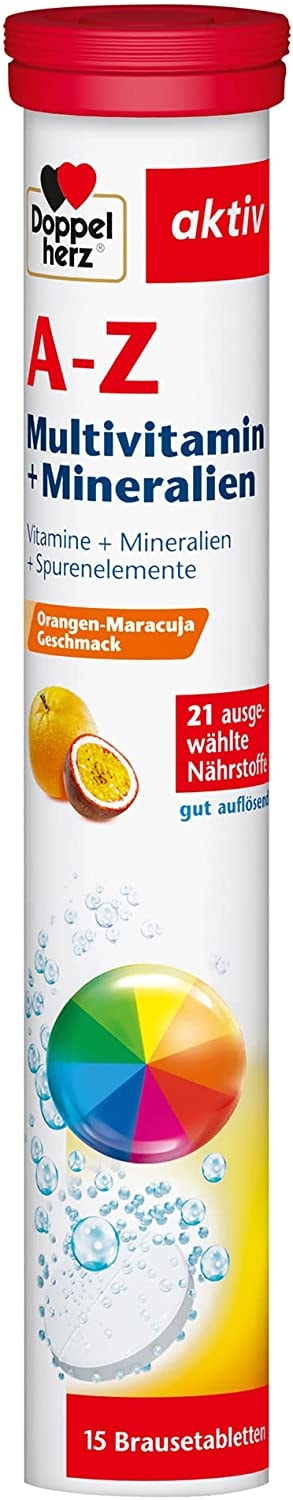 Produktbild von Doppelherz A-Z Brausetabletten mit Orange-Maracuja Geschmack – Multivitamin-Nahrungsergänzungsmittel mit vielen wichtigen Vitaminen, Mineralstoffen & Spurenelementen – 1x15 Brausetabletten (1 Packung)