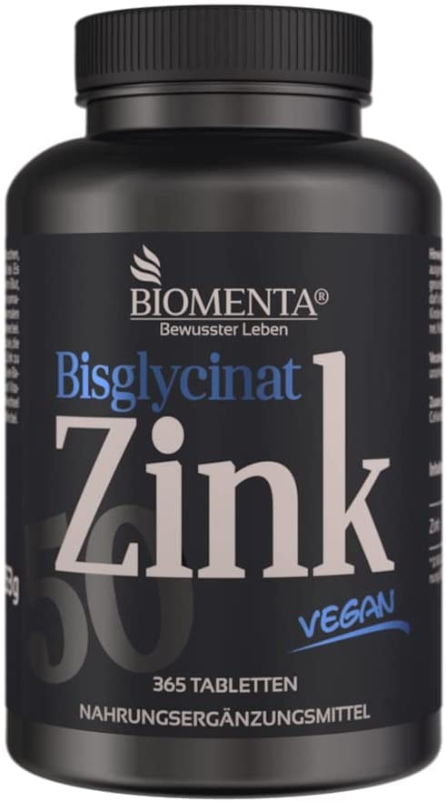 Produktbild von BIOMENTA Zink 50 mg – vegan - Zink Bisglycinat hochdosiert mit 25 mg Zink je ½ Tablette - 365 Zink-Tabletten