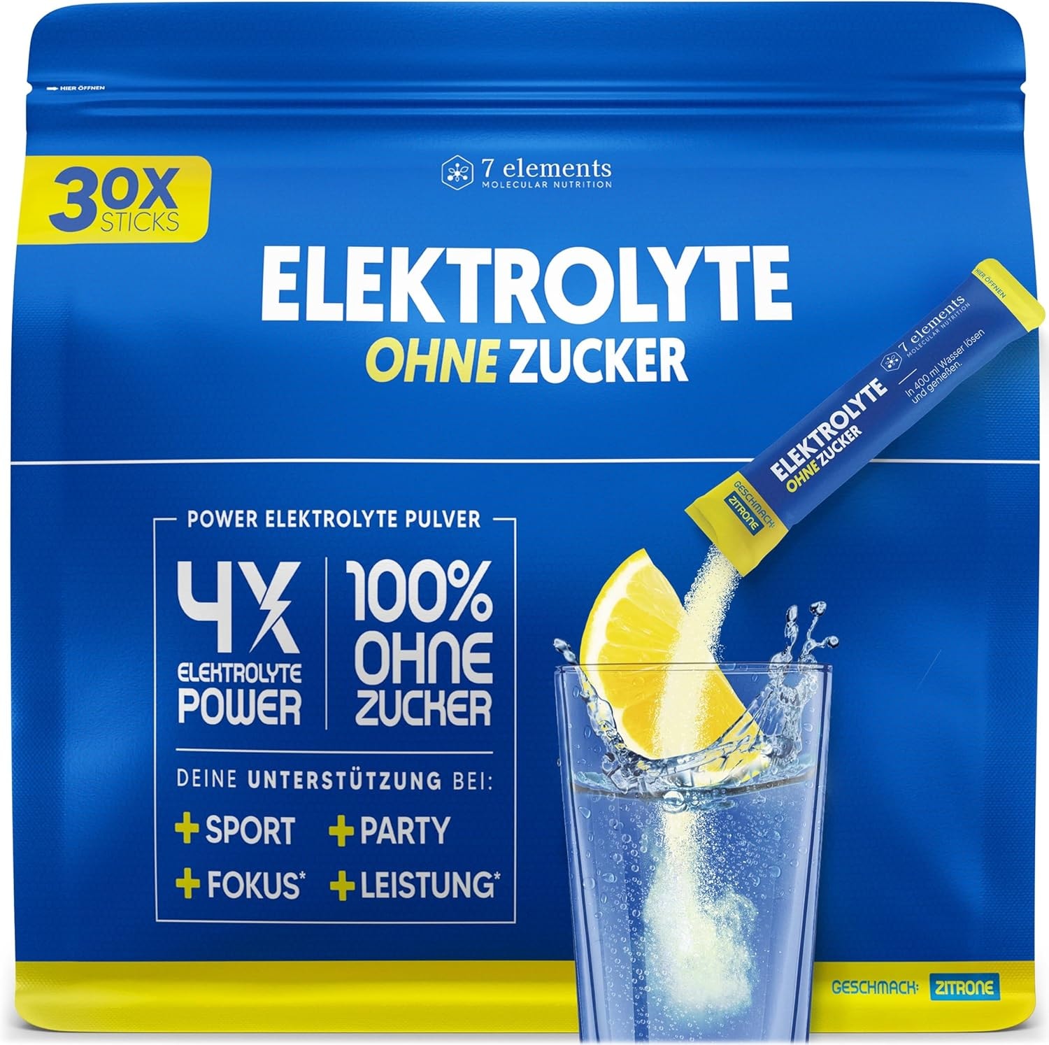 Produktbild von Bewertung 7 elements Elektrolyte OHNE ZUCKER 30 Stück 1390mg Elektrolyte für Sport und gegen Kater Elektrolyt Pulver kalorienarm und zuckerfrei Premium Electrolytes mit ZitronemGeschmack 300g