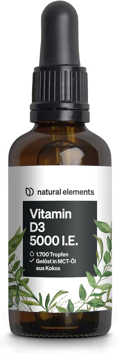 Produktbild von Bewertung natural elements 50ml Vitamin D3 5000 I.E. pro Tropfen Laborgeprüfte 1700 Tropfen Variante des mehrfachen Siegers 2019/2020 in MCT-Öl aus Kokos hochdosiert flüssig