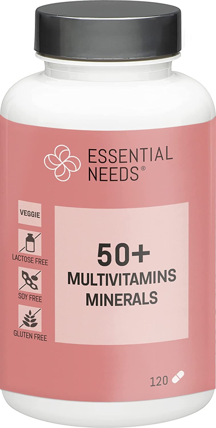 Produktbild von Essential Needs® Multivitamine und Mineralstoffe 50+ – Vegetarisch – für Menschen ab 50 Jahren – mit Vitamin C, B1, B2, B3, B6, Biotin, Magnesium – 1 x 120 Tabletten
