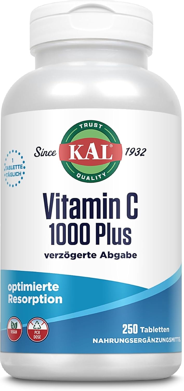 Produktbild von Bewertung KAL Vitamin C 1000 Plus 250 Retardtabletten verzinkt säurefrei vegan glutenfrei ohne Gentechnik Nahrungsergänzungsmittel aus Hagebuttenextrakt Zellschutz Stoffwechselprozesse