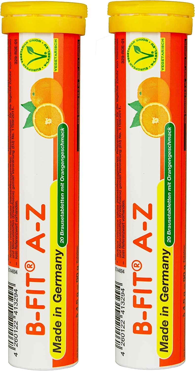 Produktbild von B-FIT A-Z Multivitamin – 25 wichtige Vitamine, Mineralien und Spurenelemente – Englischer Orangengeschmack – 2 x 20 = 40 Brausetabletten – Made in Germany