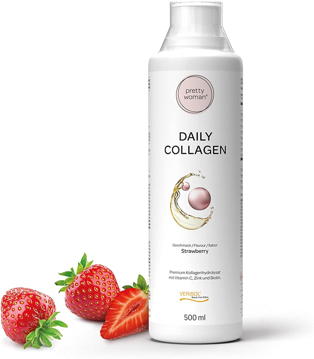 Produktbild von pretty woman Daily Collagen 500ml Collagen Beauty Drink mit Erdbeer-Geschmack Flüssiges Kollagenhydrolysat als Collagen Drink Kollagen Beauty mit Vitamin C, Zink & Biotin
