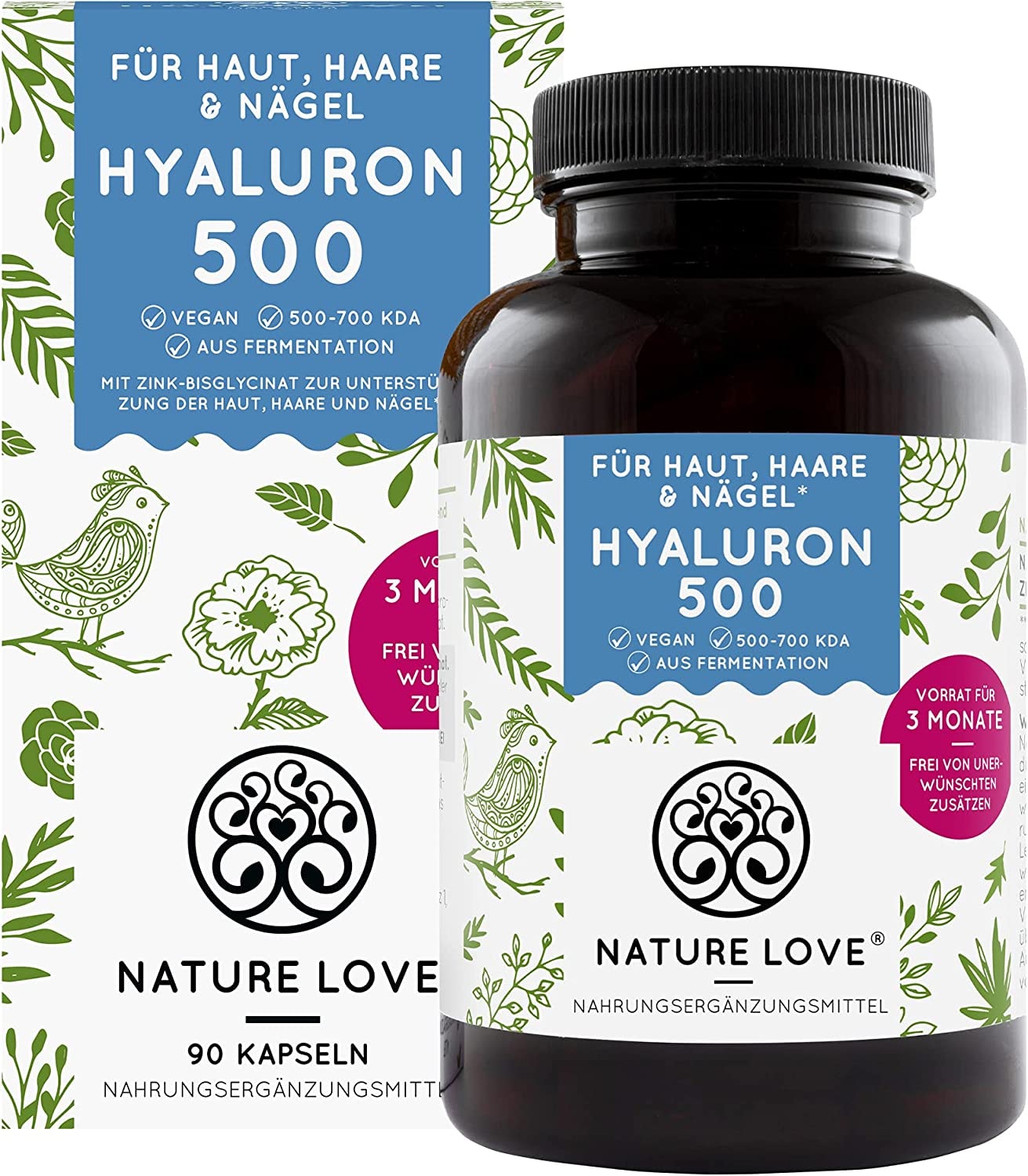 Produktbild von NATURE LOVE Hyaluronsäure Kapseln mit Zink Hochdosiert mit 500mg Hyaluron Vegan 90 Stück (3 Monate) - 500-700 kDa - Laborgeprüft, ohne Zusätze und in Deutschland produziert
