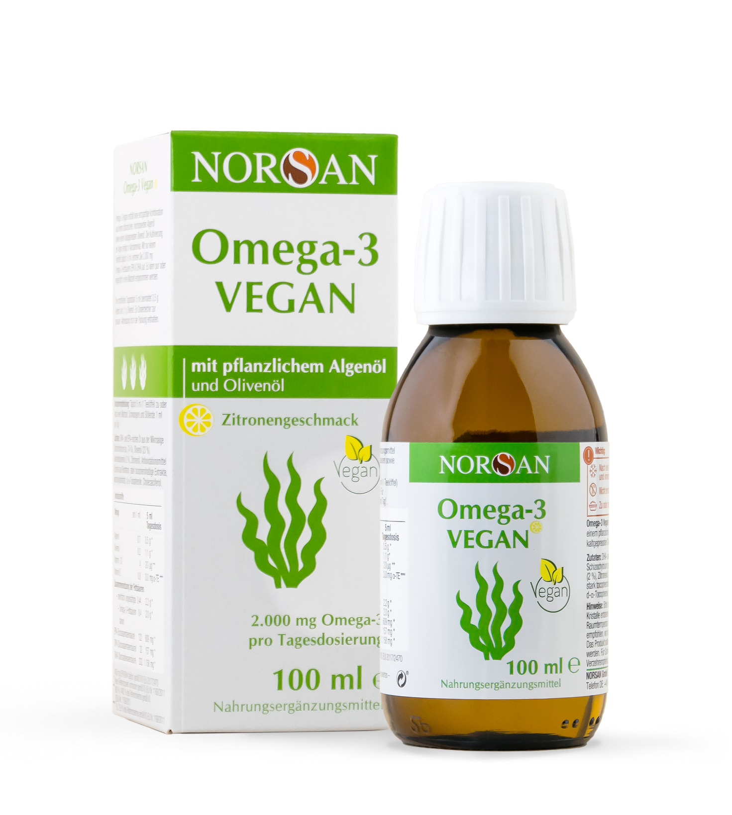 Produktbild von Bewertung NORSAN Premium Omega 3 Algenöl Vegan hochdosiert 2000mg reich an 609 mg EPA und 1.158 mg DHA 800 IE Vitamin D3 100% veganes Omega 3 Öl aus nachhaltiger Kultivierung mit Olivenöl Extra Native