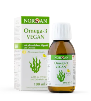 Produktbild von Bewertung NORSAN Premium Omega 3 Algenöl Vegan hochdosiert 2000mg reich an 609 mg EPA und 1.158 mg DHA 800 IE Vitamin D3 100% veganes Omega 3 Öl aus nachhaltiger Kultivierung mit Olivenöl Extra Native