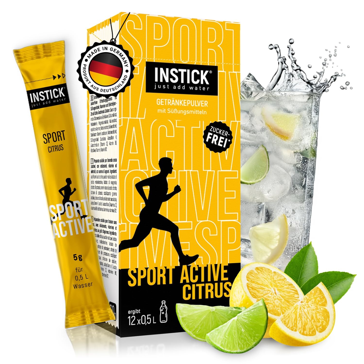 Produktbild von Bewertung INSTICK Sport Active Citrus Elektrolyte Pulver Instant Fitness & Sport Getränk 12×0,5 L Zuckerfrei kalorienarm mit Vitaminen vegan