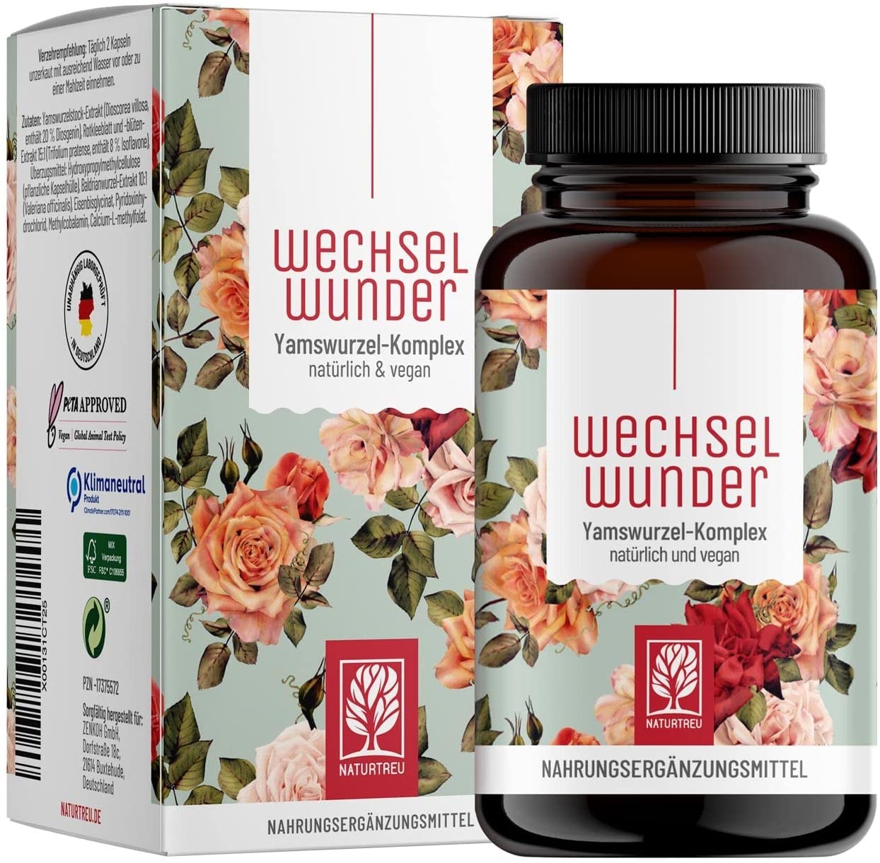 Produktbild von Bewertung NATURTREU WECHSELWUNDER Wechseljahre Menopause 500mg Yamswurzel mit 340mg Rotklee, Baldrian, Eisen, Vitamin B9 und B12 Kapseln hochdosiert Meno Balance 90 Wechseljahre Kapseln