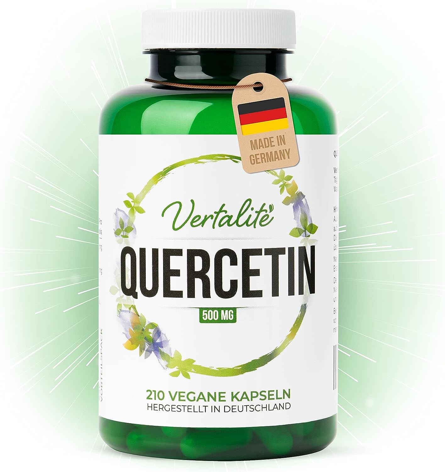 Produktbild von Bewertung Vertalite Quercetin XXL Pack mit 210 Kapseln Laborgeprüftes Quercetin 500mg hochdosiert vegan täglich made in Germany Blütenextrakt Sophora Japonica