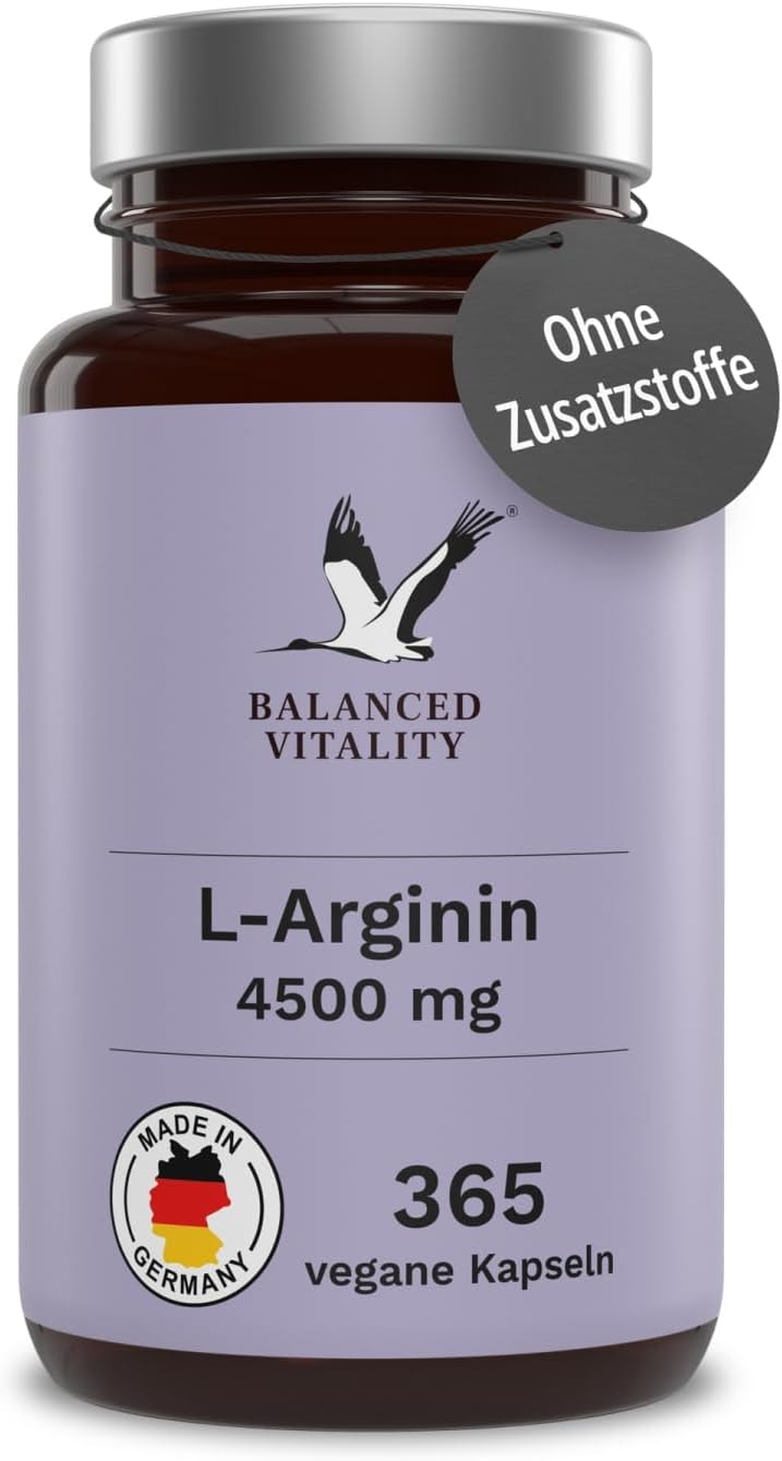 Produktbild von Bewertung BALANCED VITALITY L-Arginin Kapseln - 4500 mg HCL davon 3744 mg L-Arginin pro Tagesdosis 365 vegane Kapseln für 2 Monate ohne Zusatzstoffe laborgeprüft Made in Germany