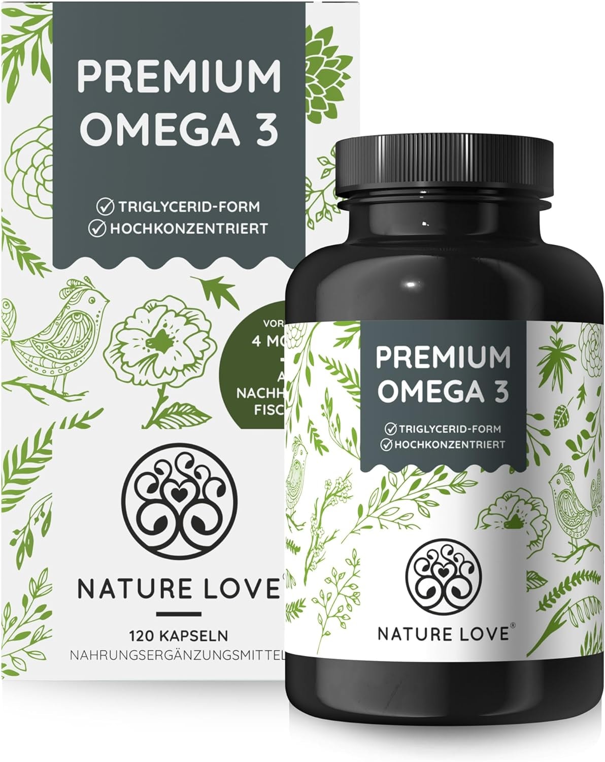 Produktbild von Bewertung NATURE LOVE Omega 3 120 Kapseln 1000mg Fischöl pro Kapsel mit 80% Omega 3 Anteil (EPA & DHA) hochdosiert und hoch bioverfübar durch Triglycerid-Form laborgeprüft und aus nachhaltigem Fischfang