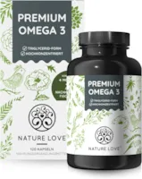 Produktbild von Bewertung NATURE LOVE Omega 3 120 Kapseln 1000mg Fischöl pro Kapsel mit 80% Omega 3 Anteil (EPA & DHA) hochdosiert und hoch bioverfübar durch Triglycerid-Form laborgeprüft und aus nachhaltigem Fischfang