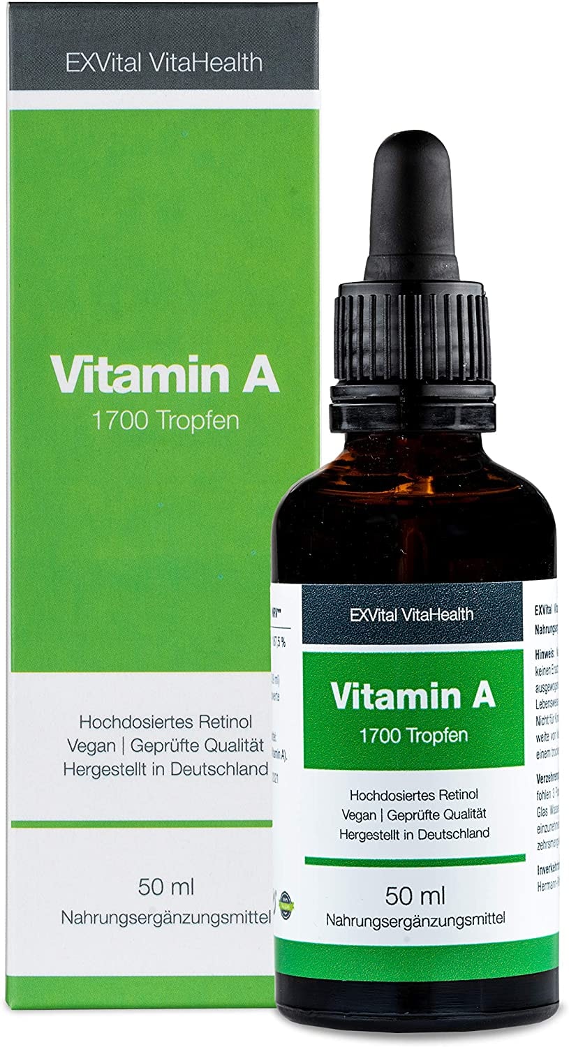 EXVital Vitahealth Vitamin A Tropfen hochdosiertes Retinol 5000 I.E (1500 µg) pro Tagesdosis, 50 Ml= 1700 Tropfen, laborgeprüft - Vegan - Vitamin A flüssig Liquid
