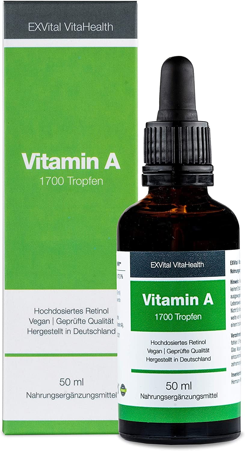 Produktbild von Bewertung EXVital VitaHealth Vitamin A Tropfen hochdosiertes Retinol 5000 I.E (1500 µg) pro Tagesdosis, 50 Ml= 1700 Tropfen, laborgeprüft - Vegan - Vitamin A flüssig Liquid