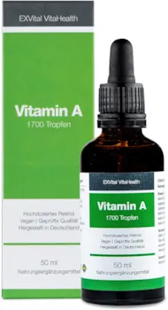 Produktbild von Bewertung EXVital VitaHealth Vitamin A Tropfen hochdosiertes Retinol 5000 I.E (1500 µg) pro Tagesdosis, 50 Ml= 1700 Tropfen, laborgeprüft - Vegan - Vitamin A flüssig Liquid