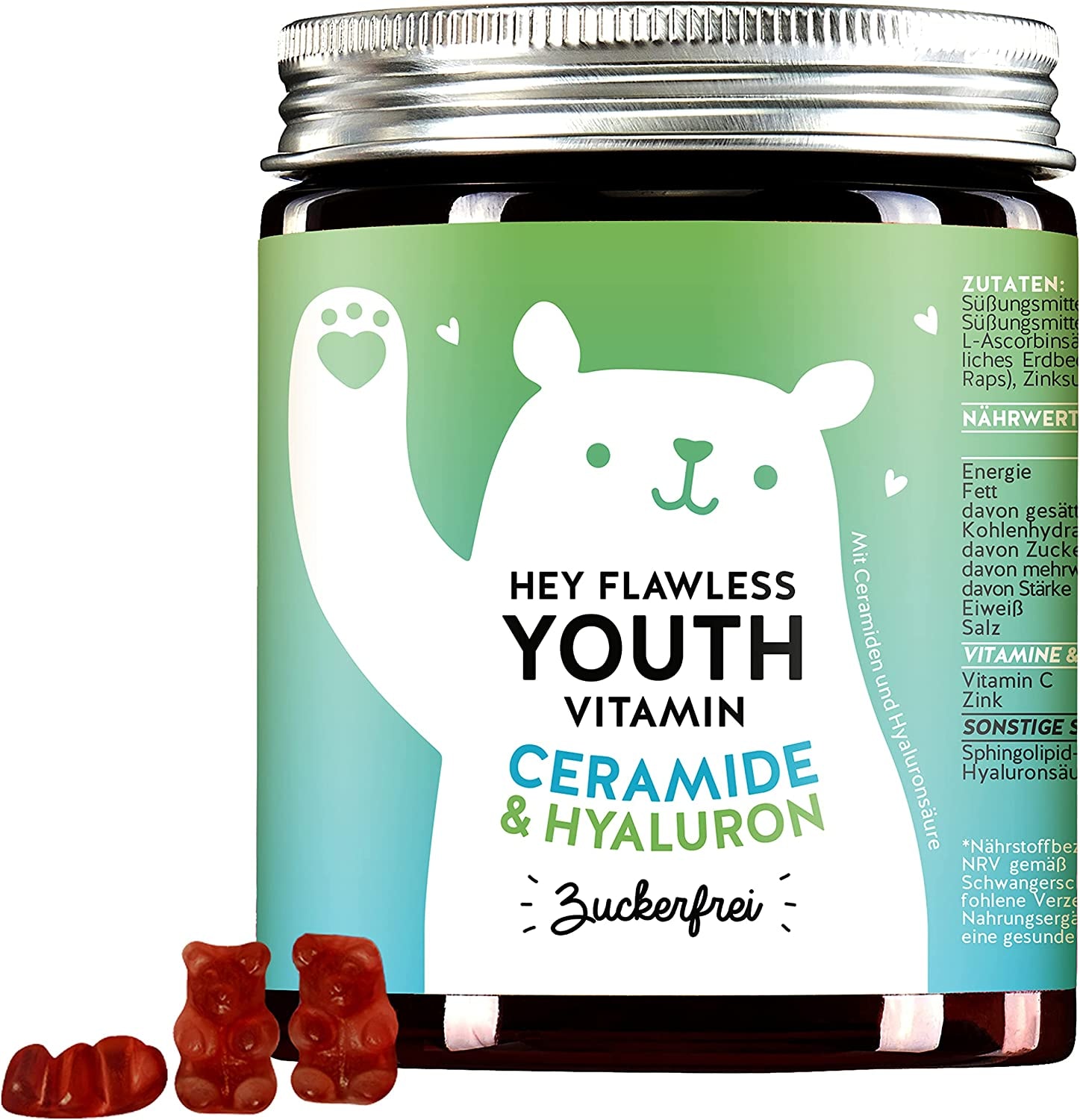Produktbild von Bears with Benefits - Hyaluron & Ceramide - veganes Anti-Aging - für Hautfeuchtigkeit, Spannkraft - hochdosierte Gummies mit Hyaluron, Ceramide, Zink - 60St Monatsvorrat - Hey Flawless Youth Vitamin Bears with Benefits
