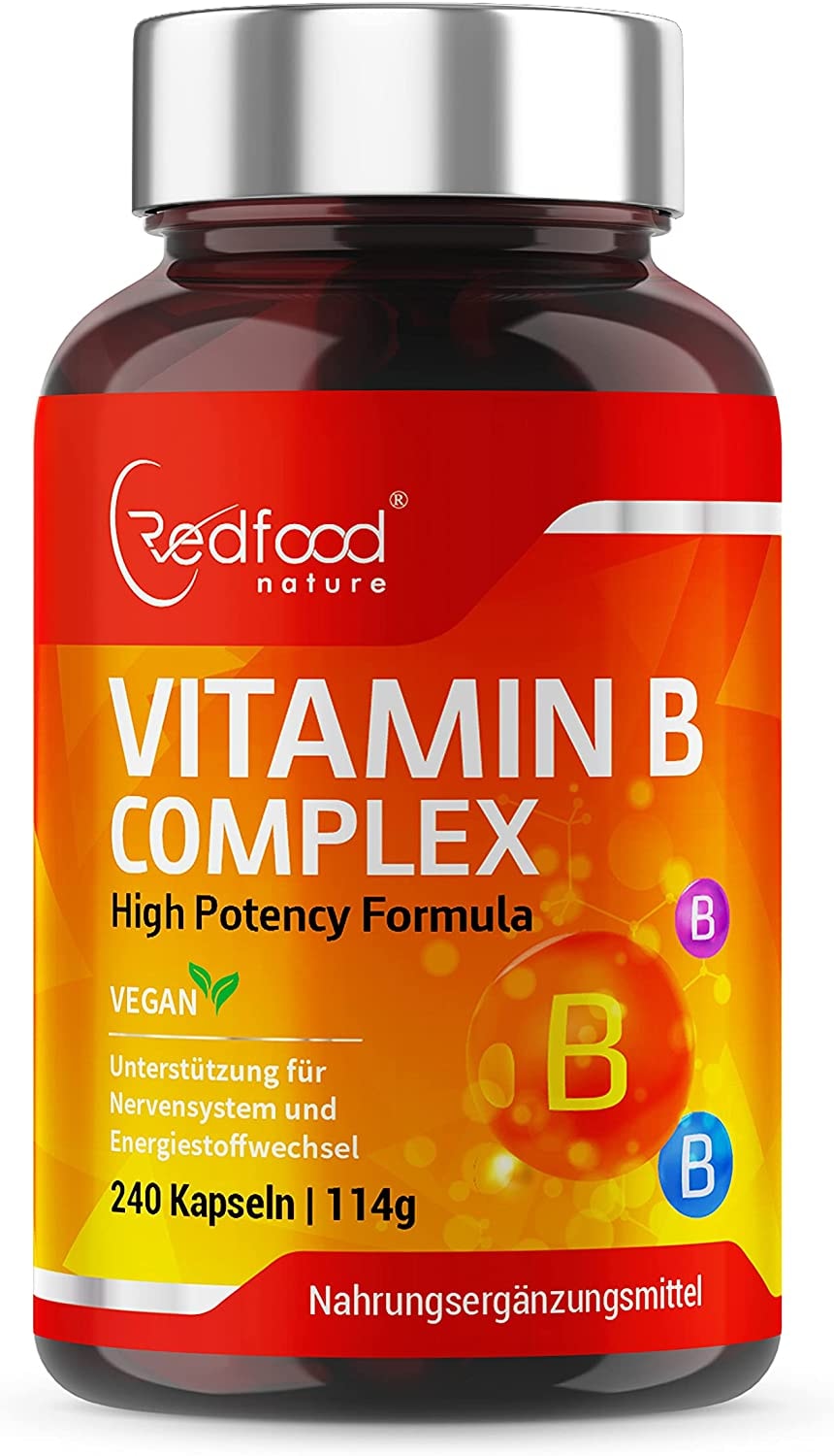 Produktbild von Redfood Vitamin B Komplex hochdosiert Mit 500 µg Vitamin B12 pro Tagesdosis 240 Kapseln 24 Monate