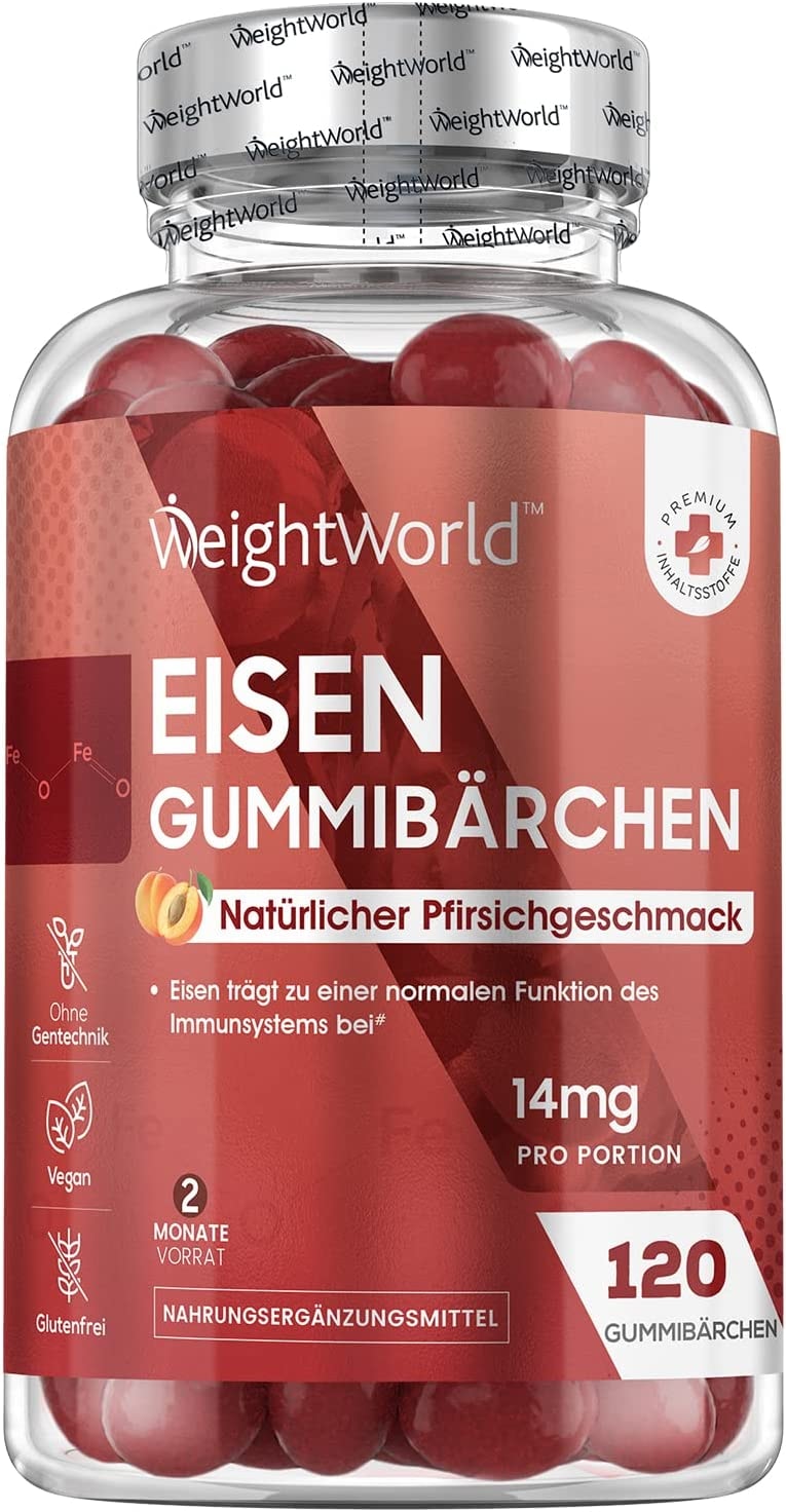Produktbild von WeightWorld - Eisen Gummibärchen - 120 Iron Gummies mit Pfirsichgeschmack - 14mg Eisenfumarat je Tagesmenge - Eisen Nahrungsergänzungsmittel - Vegan & Ohne Gelatine - 2 Gummies Täglich - Für Erwachsene