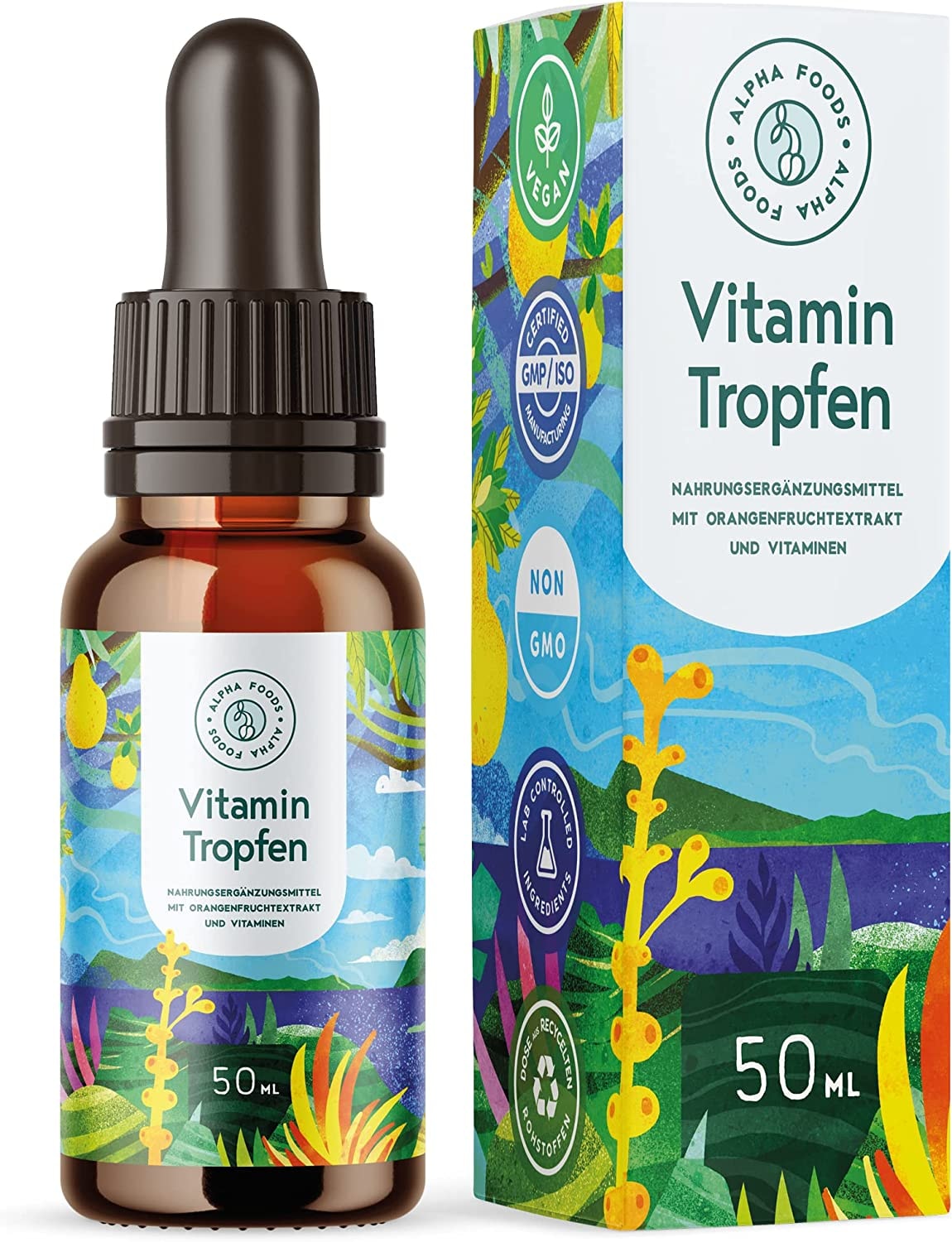 Produktbild von Bewertung Alpha Foods 50 ml Vitamin B Komplex Tropfen mit zusätzlichem Vitamin C und Vitamin D sowie Fruchtauszüge aus Bitterorangen mit Quercetin vegan