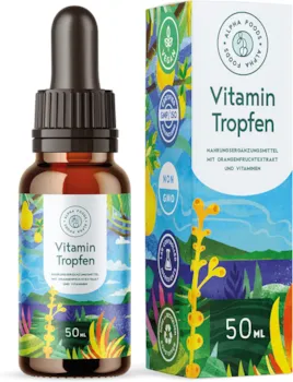 Produktbild von Bewertung Alpha Foods 50 ml Vitamin B Komplex Tropfen mit zusätzlichem Vitamin C und Vitamin D sowie Fruchtauszüge aus Bitterorangen mit Quercetin vegan