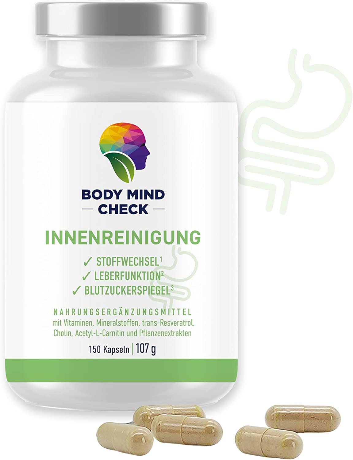Produktbild von BodyMindCheck INNENREINIGUNG - Stoffwechsel Wellness 150 Kapseln - Mariendistel, Kurkuma, Zink, Biotin, Cholin, Resveratrol, Grüntee uvm. - 18-fach Komplex hochdosiert, vegan, ohne Magnesiumstearat