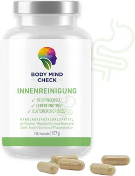 Produktbild von BodyMindCheck INNENREINIGUNG - Stoffwechsel Wellness 150 Kapseln - Mariendistel, Kurkuma, Zink, Biotin, Cholin, Resveratrol, Grüntee uvm. - 18-fach Komplex hochdosiert, vegan, ohne Magnesiumstearat